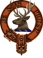 Clan Fraser crest: Stags head circled by a belt with the words Je Suis Prest